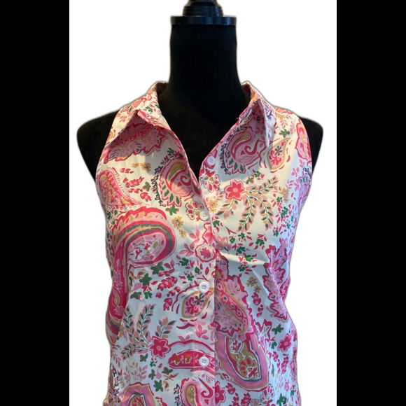 XL Blouse Pink Paisley Button Down Sleeveless Lightweight Collared Summer Top - Picture 1 of 8